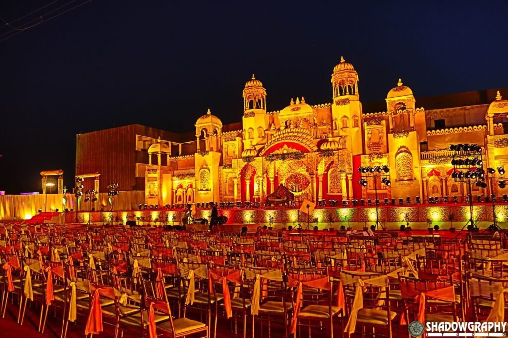 A wedding venue lit up for an evening reception