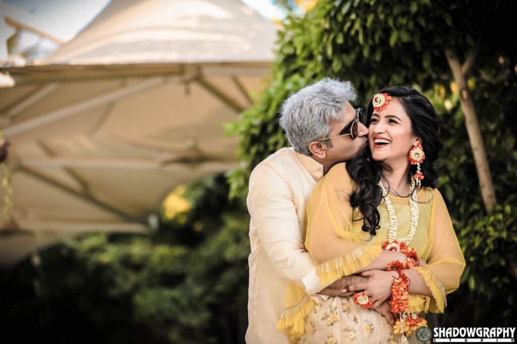 Couple portraits outdoors in soft daylight during a morning celebration