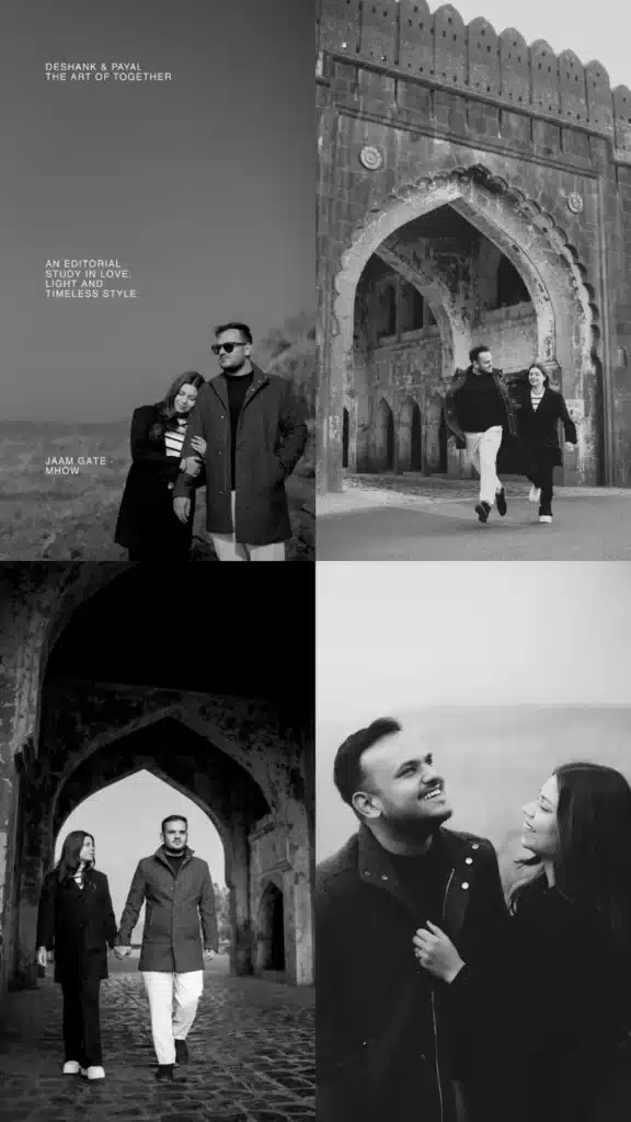 Monochrome pre-wedding collage at the gateway at Jaam Gate Mhow