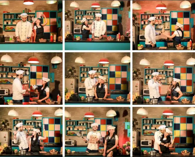 Pre-wedding collage of a couple in a kitchen-style Film City set