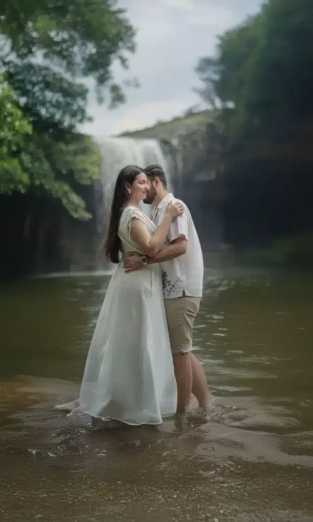 Couple in front of the waterfall at Ganga Mahadev