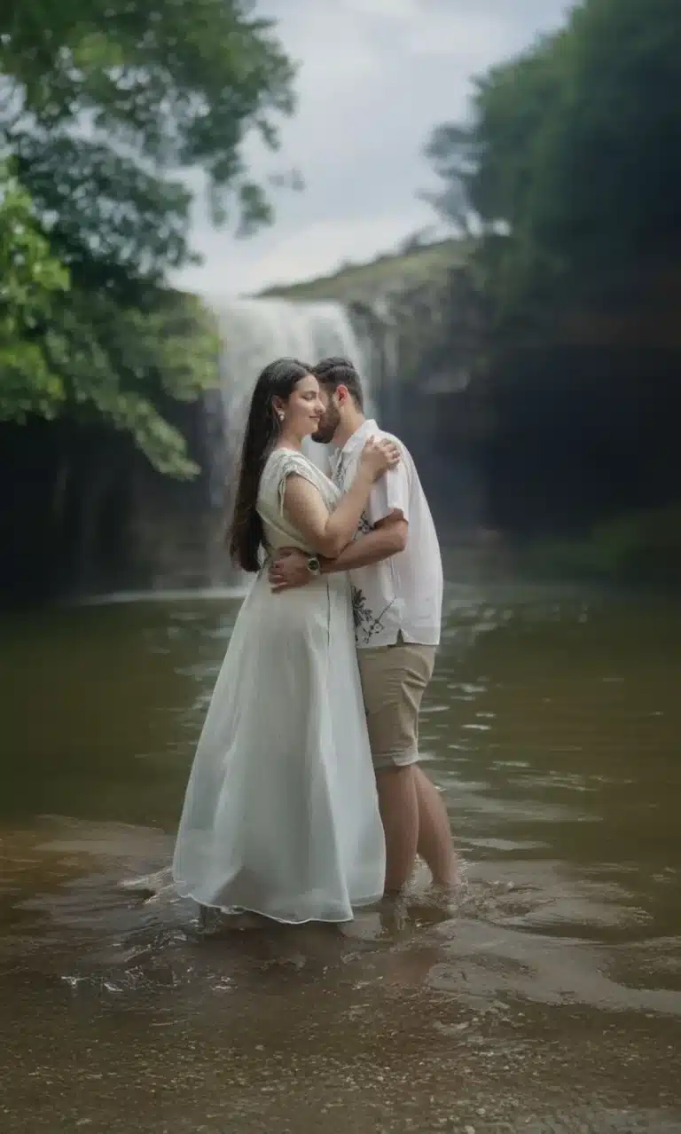 Couple embracing beside a waterfall near Indore, the kind of moving moment wedding film captures, by Shadowgraphy Studio